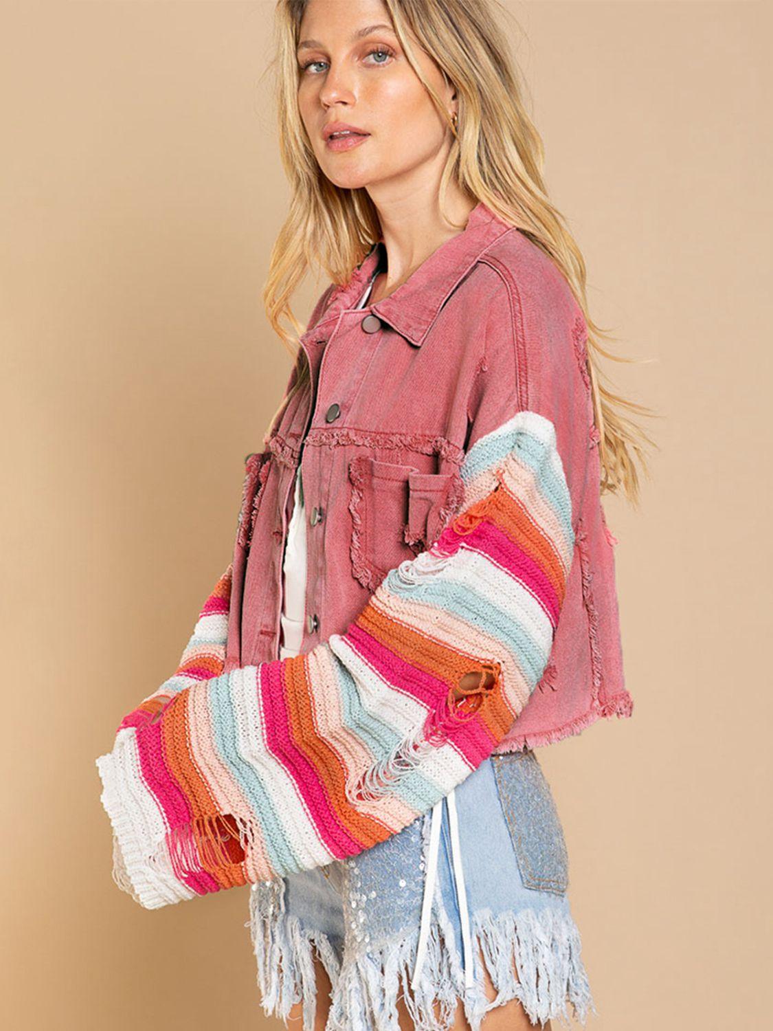 Distressed Striped Long Sleeve Denim Jacket - Jacket