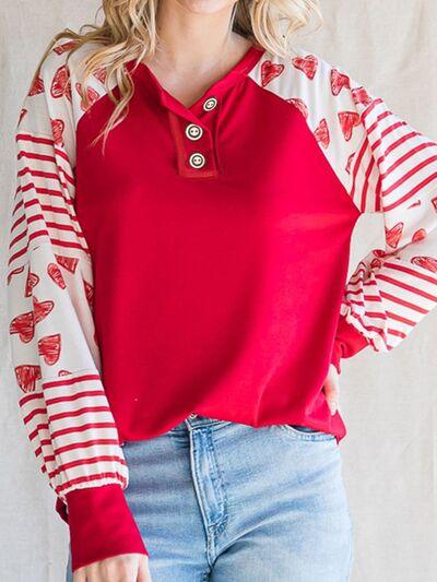 Heart Striped Quarter Button Long Sleeve T-Shirt - T-Shirt