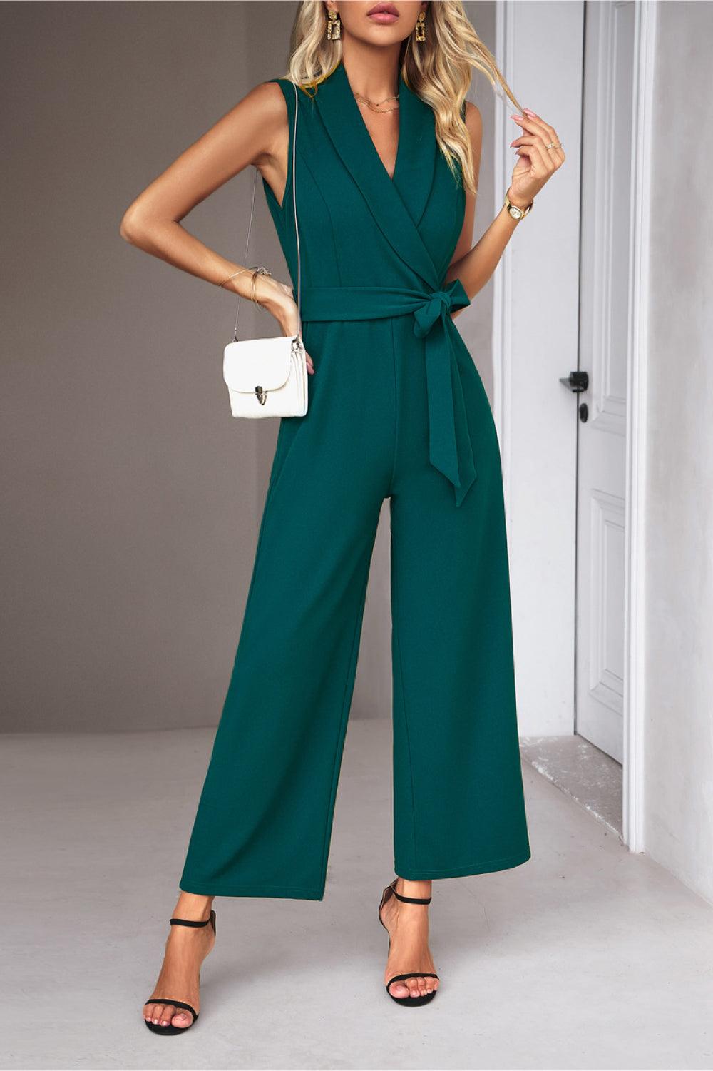 Tie Waist Shawl Collar Sleeveless Jumpsuit - Jumpsuit