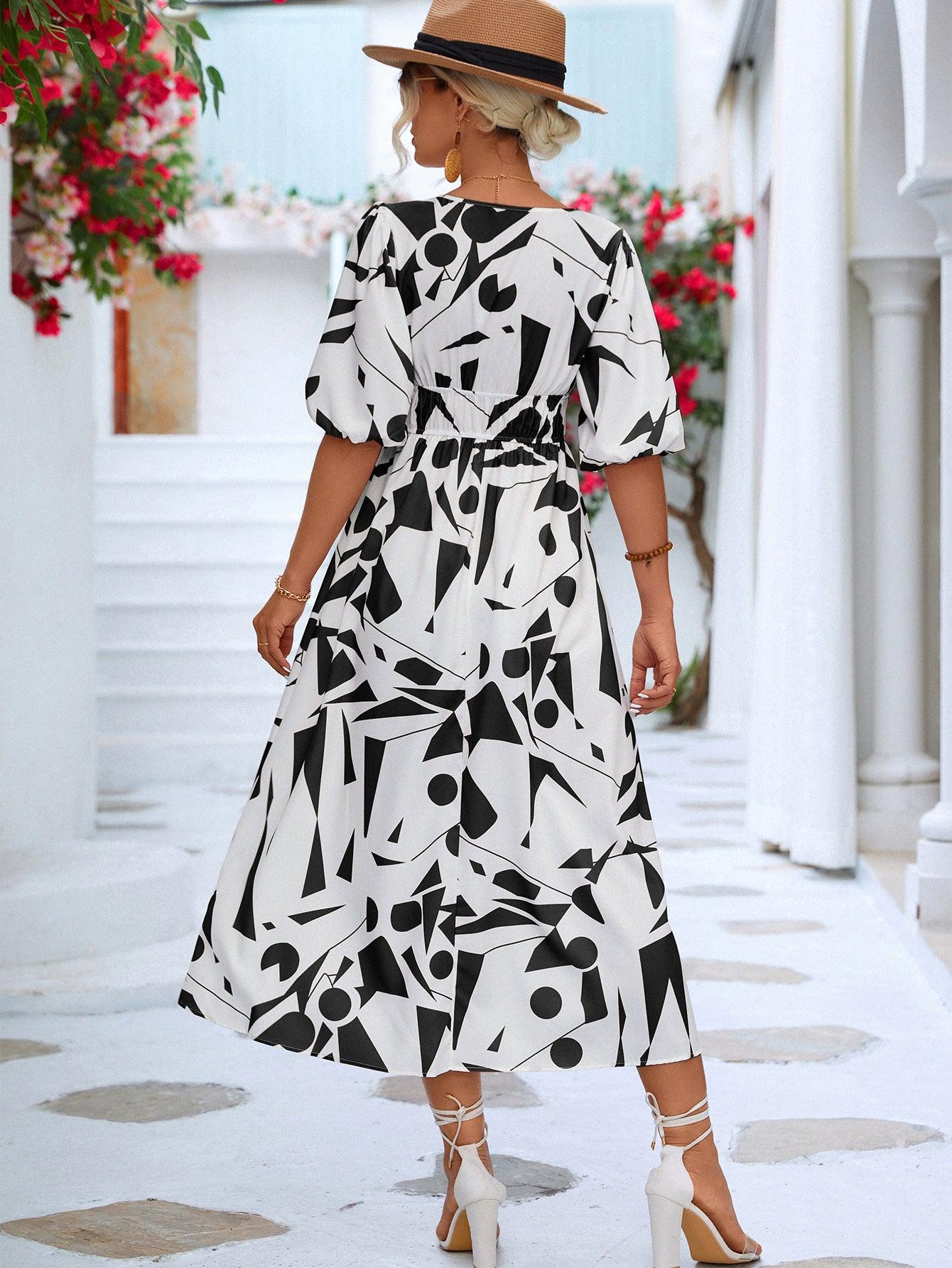 Printed Surplice V-Neck Balloon Sleeve Midi Dress - Dresses