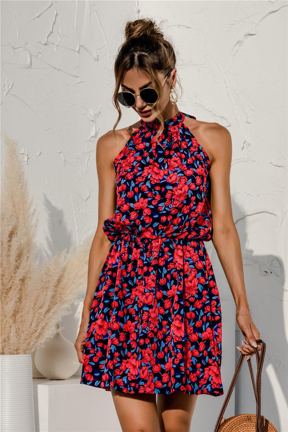 Floral Tied Sleeveless Halter Neck Mini Dress - Dresses