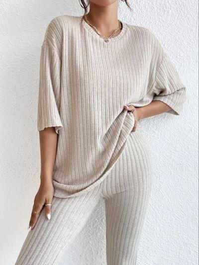 Ribbed Round Neck T-Shirt and Pants Lounge Set - Pant & Top