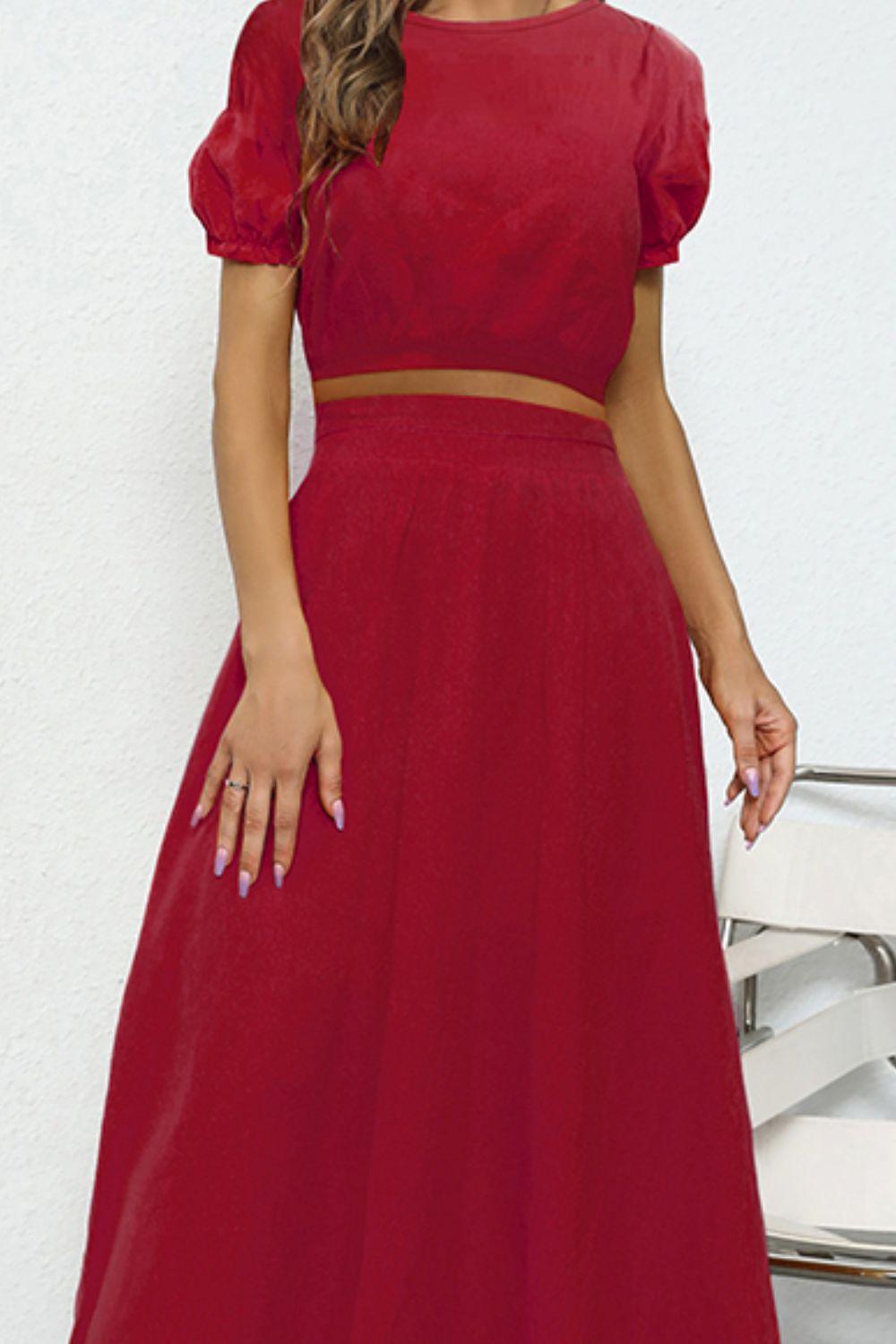 Puff Short Sleeve Crop Top and Maxi Skirt Set - Skirt & Top