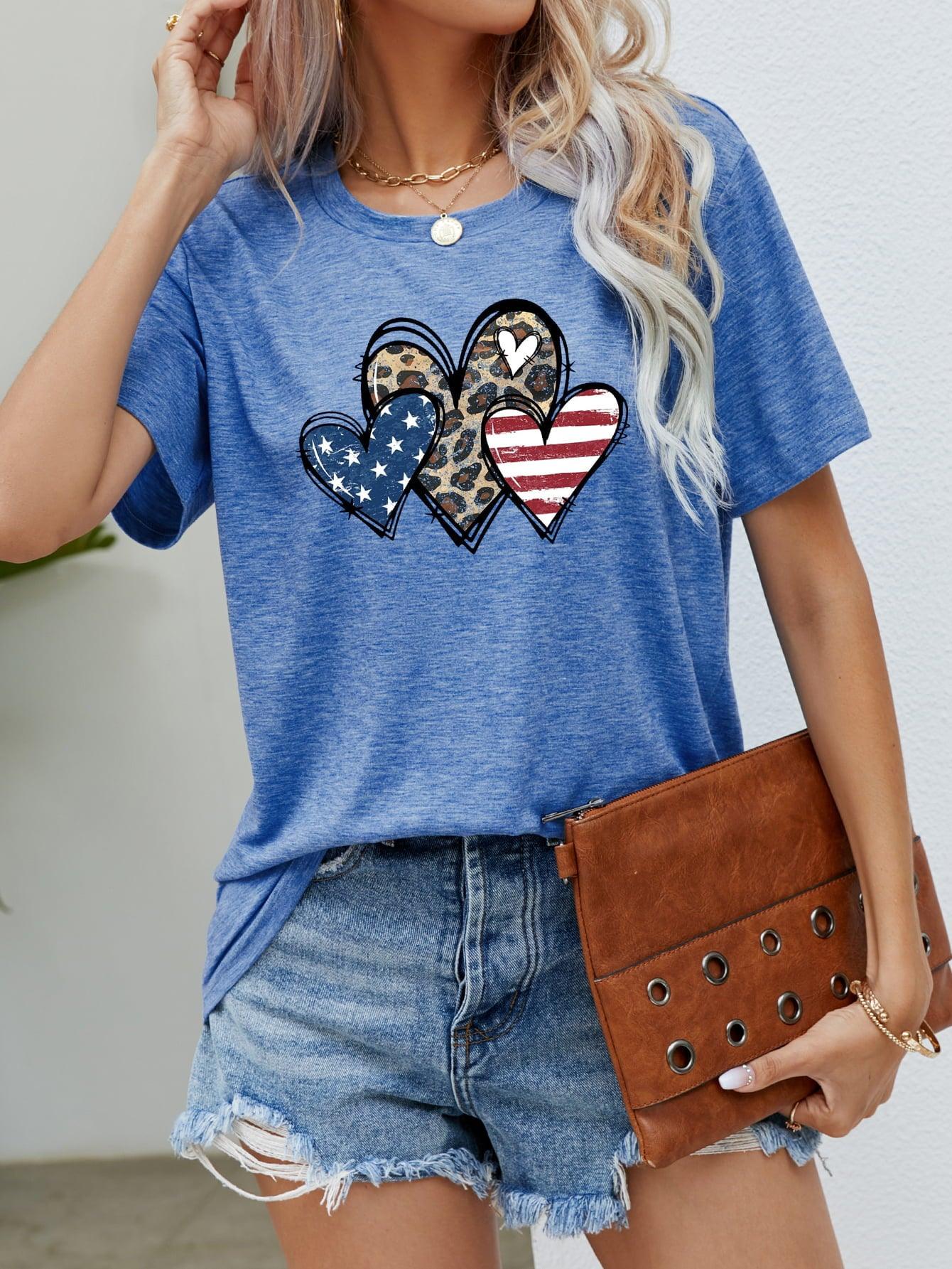 US Flag Leopard Heart Graphic T-Shirt - T-Shirt