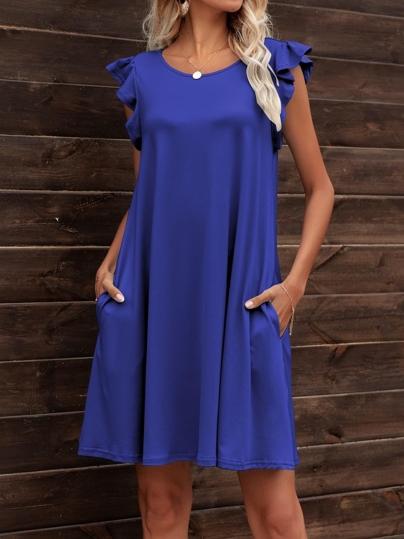 Round Neck Flutter Sleeve Dress with Pockets - Dresses