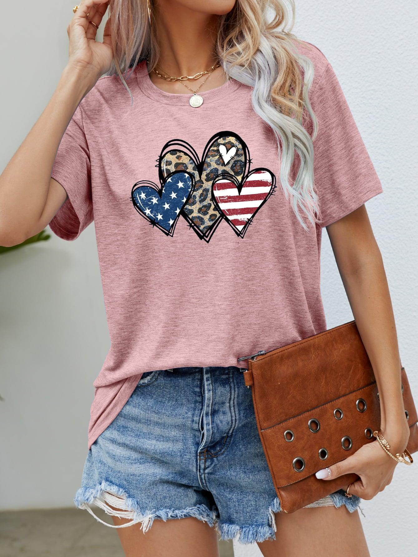 US Flag Leopard Heart Graphic T-Shirt - T-Shirt