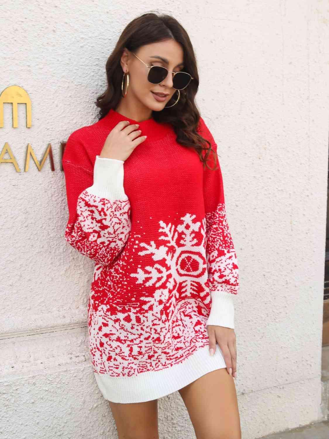 Christmas Snowflake Mock Neck Sweater Dress - Dresses