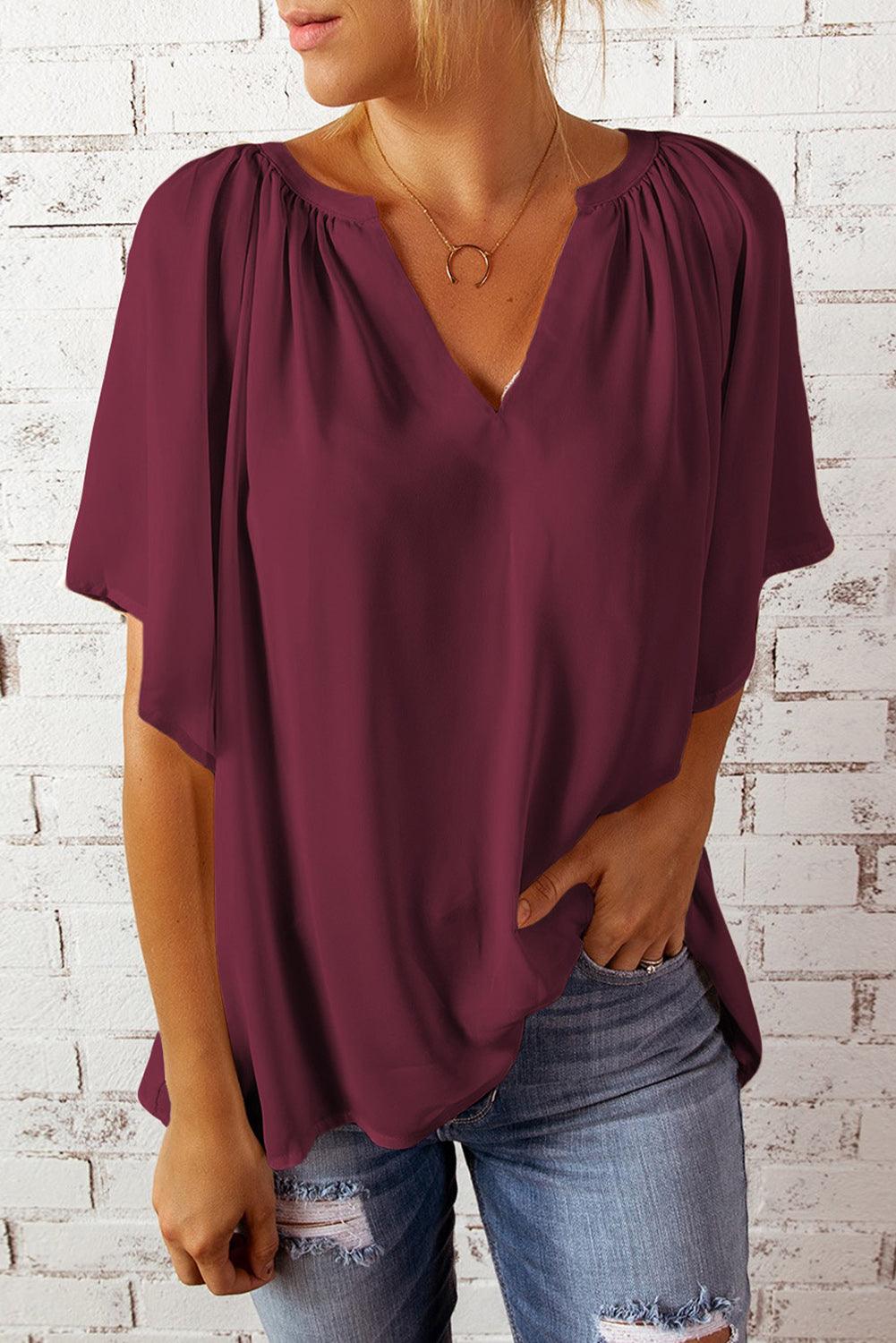 Gathered Detail Notched Neck Flutter Sleeve Blouse - Blouse