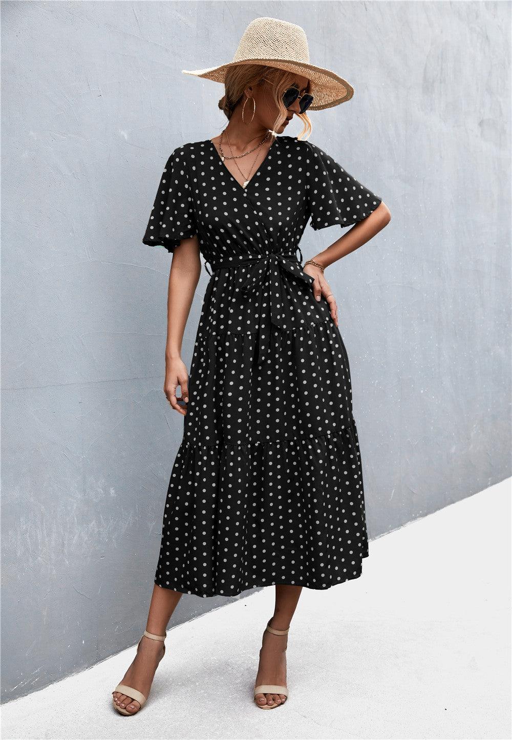 Printed V-Neck Flutter Sleeve Belted Tiered Midi Dress - Dresses