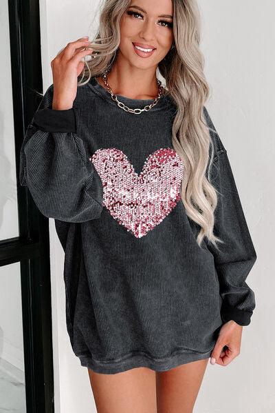 Heart Sequin Round Neck Sweatshirt - Sweatshirt