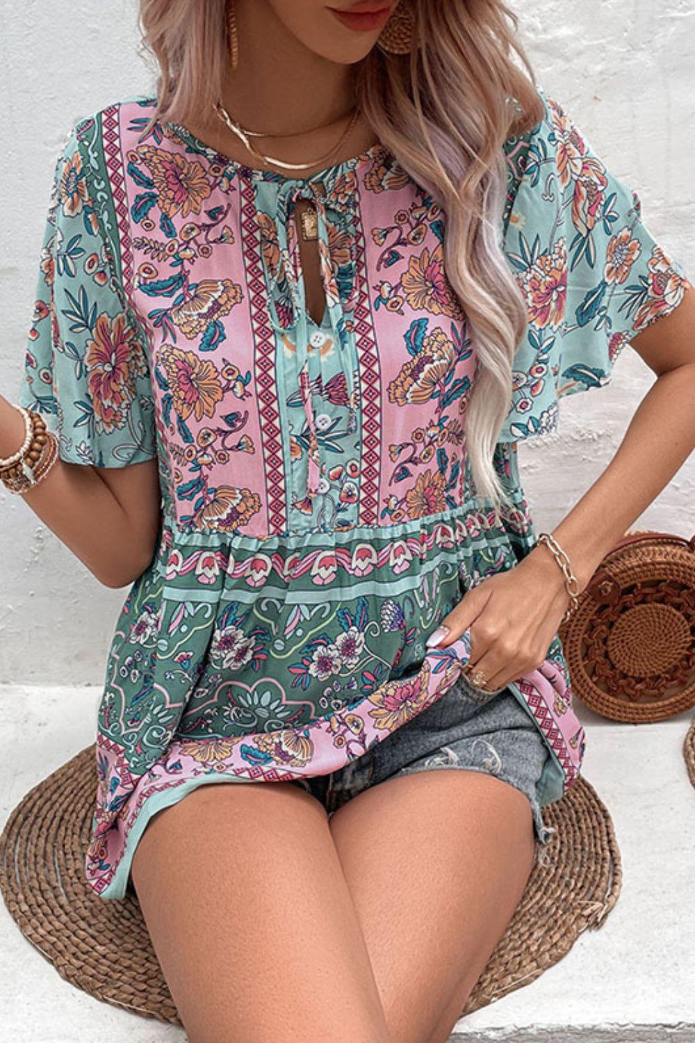 Bohemian Tie-Neck Flutter Sleeve Blouse - Top