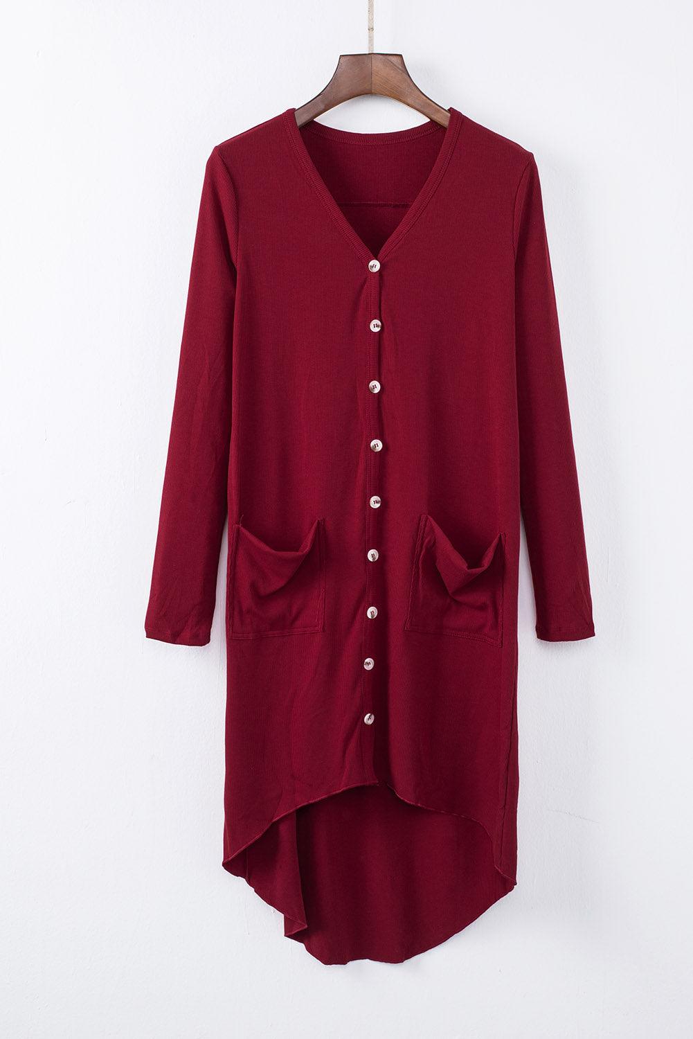 Buttoned V-Neck Long Sleeve Cardigan with Pockets - Cardigan