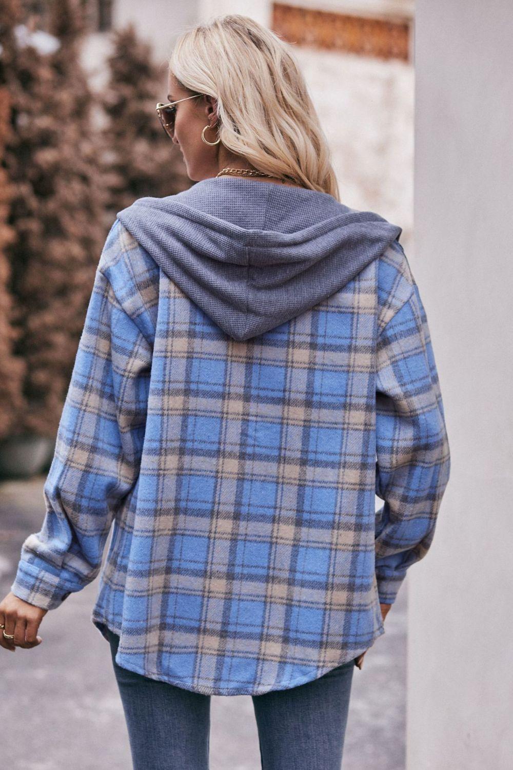 Plaid Dropped Shoulder Hooded Longline Shirt Jacket - Jacket