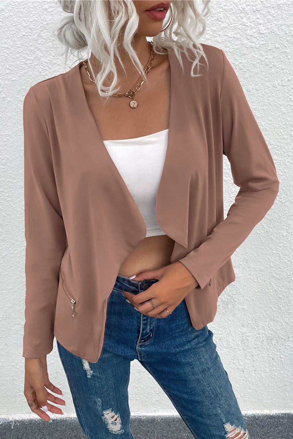 Open Front Zipper Pocket Cardigan - Cardigan