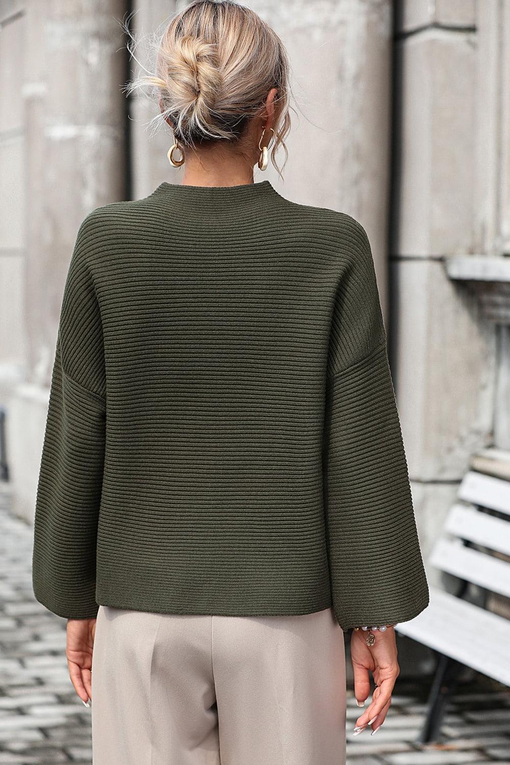 Mock Neck Dropped Shoulder Pullover Sweater - Sweater