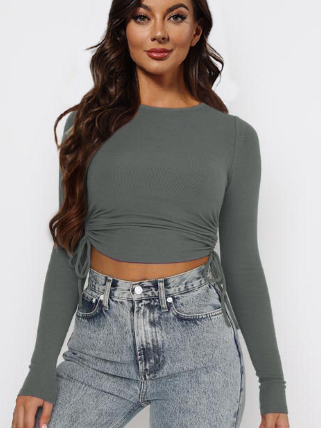 Cropped Drawstring Round Neck Long Sleeve Top - Top