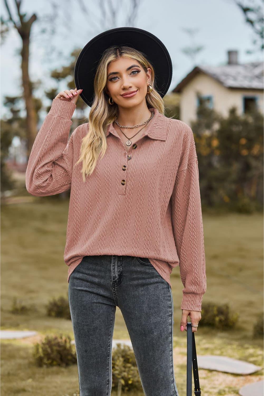 Collared Neck Long Sleeve Buttoned Top - Top