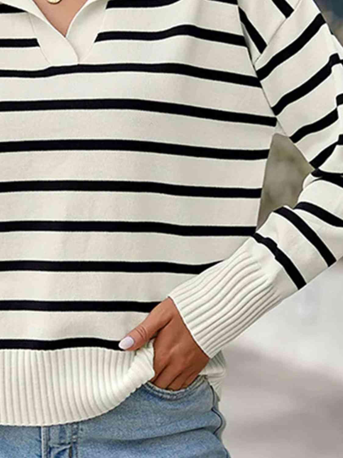 Striped Collared Neck Knit Top - Top