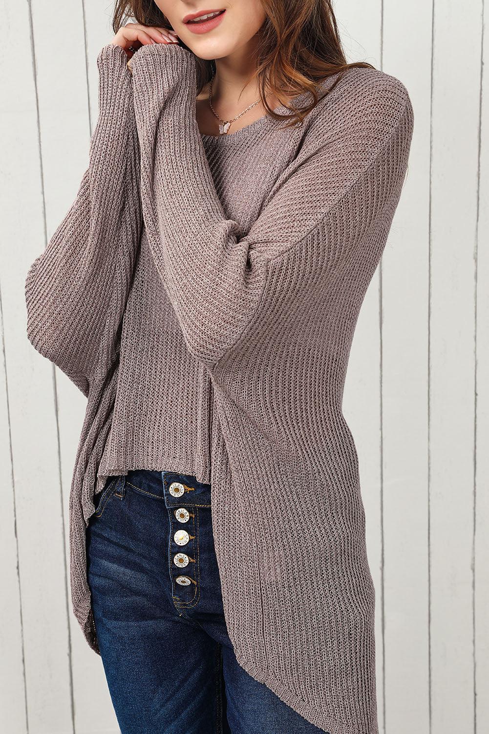 Scoop Neck High-LowLong Sleeves Open Work Knit Top - Top