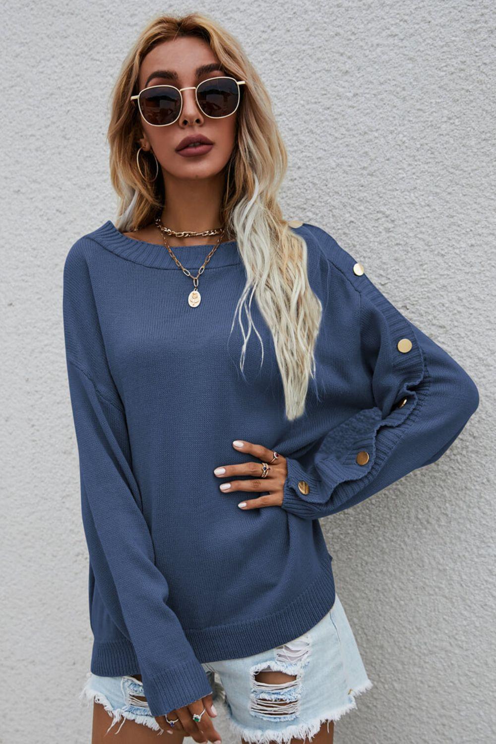 Ribbed Button Detail Boat Neck Sweater - Sweater