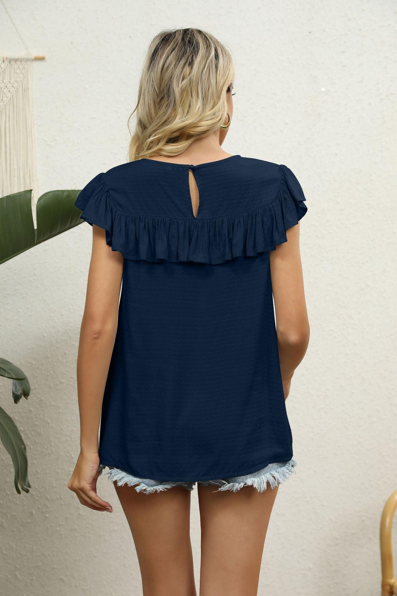 Spliced Lace Ruffled Flutter Sleeve Round Neck Top - Top