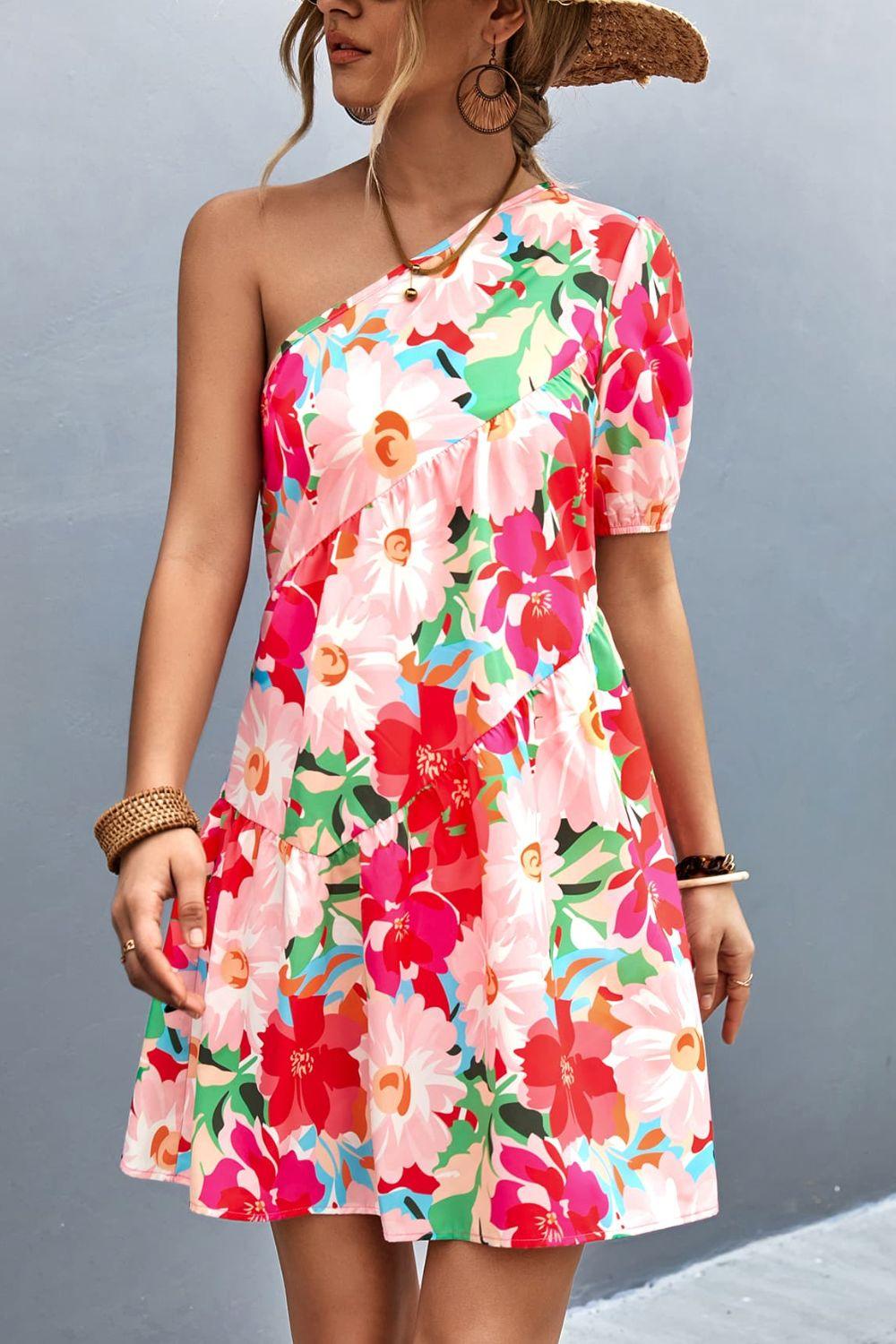 Floral One-Shoulder Peasant Puff Sleeve Short Dress - Dresses