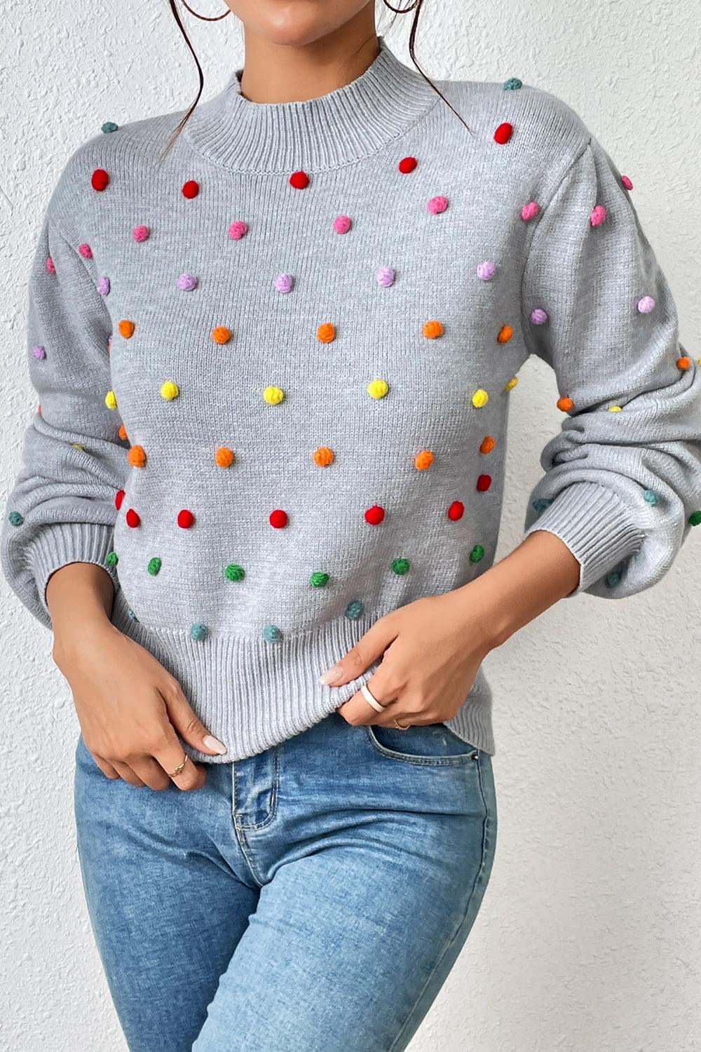 Pom-Pom Trim Mock Neck Long Sleeve Pullover Sweater - Sweater