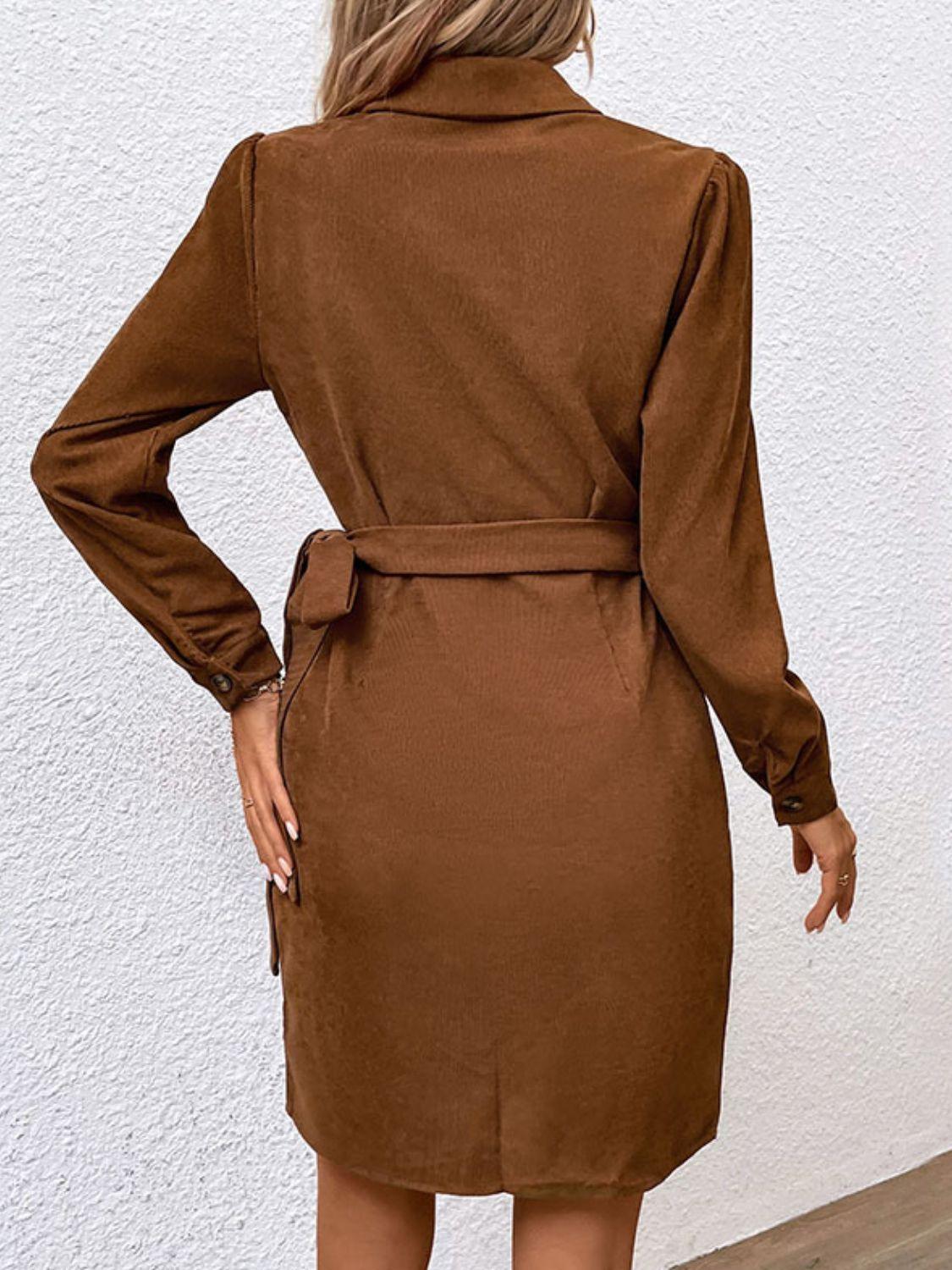 Button-Down Collared Neck Long Sleeve Side Tie Dress - Dresses