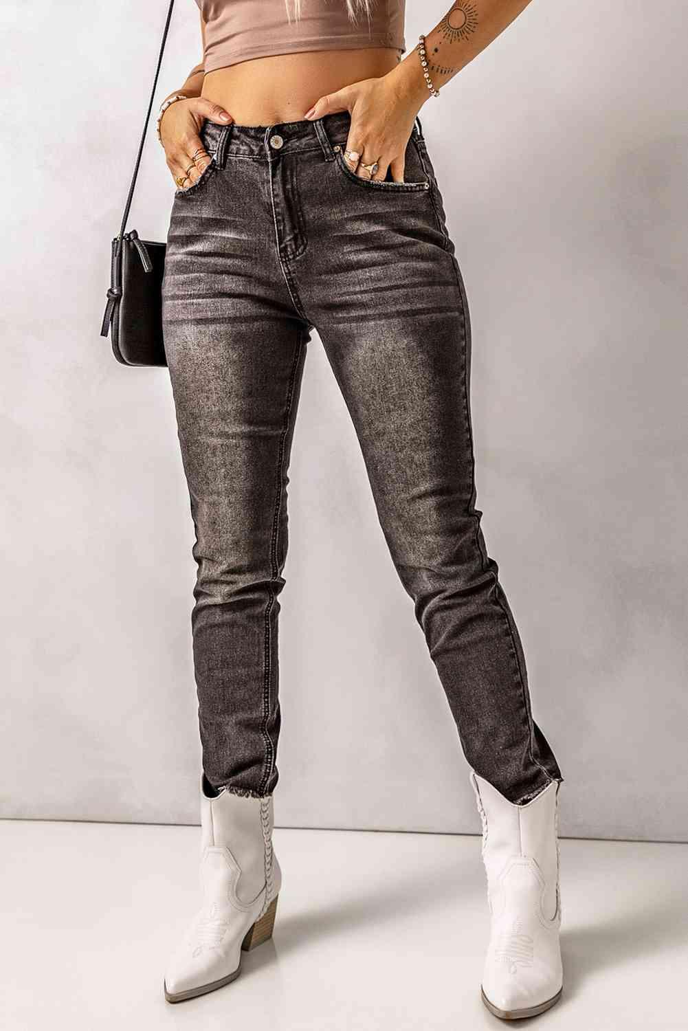 High Waist Raw Hem Skinny Jeans - Jeans