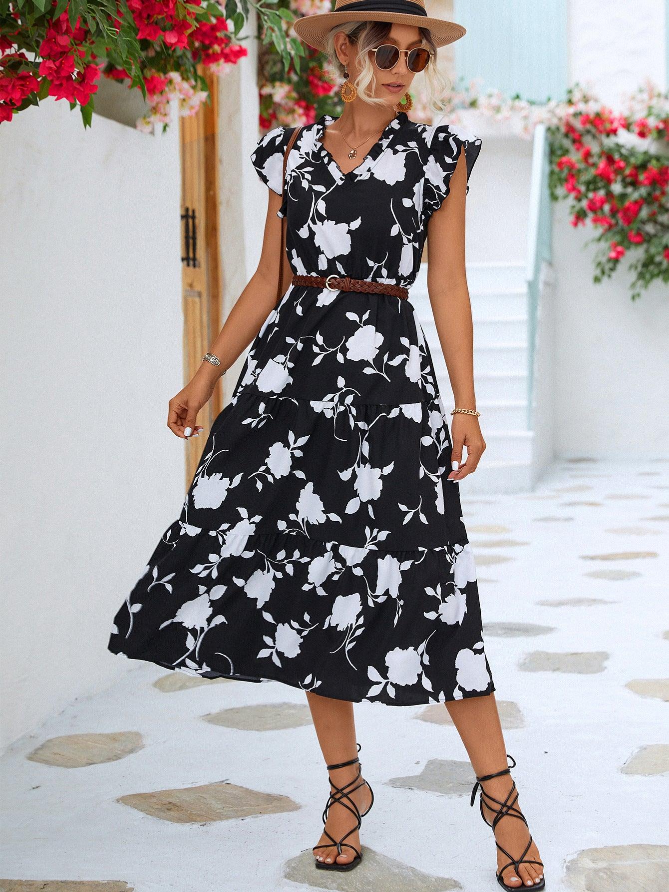 Floral Frill Trim V-Neck Flounce Sleeve Tiered Midi Dress - Dresses