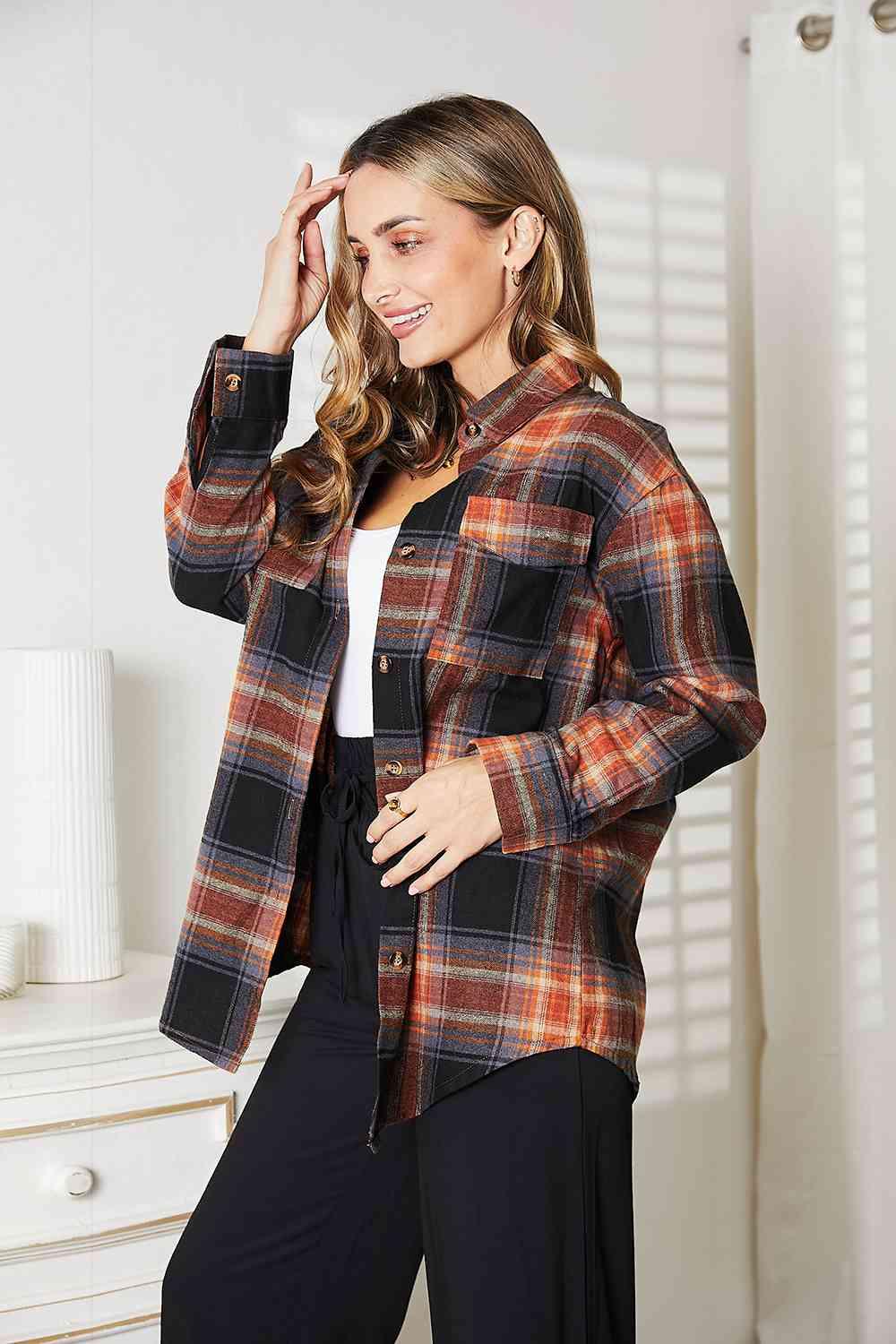 Double Take Plaid Dropped Shoulder Shacket - Shirt