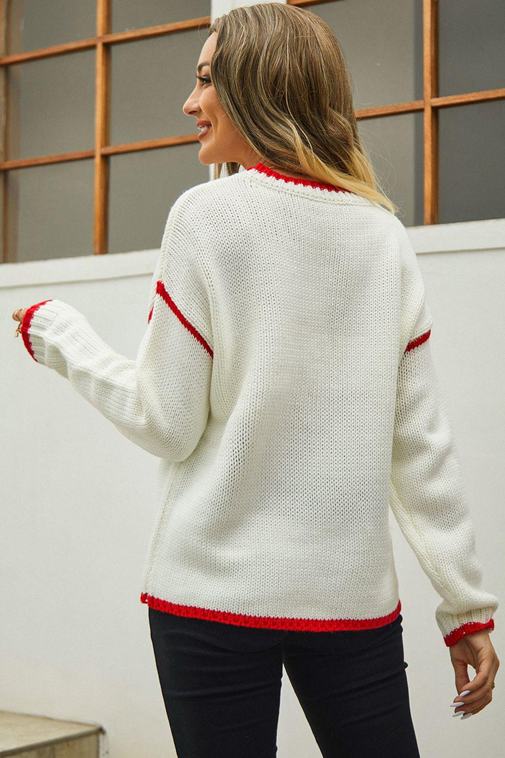 Round Neck Long Sleeve Waffle-Knit Sweater - Sweater