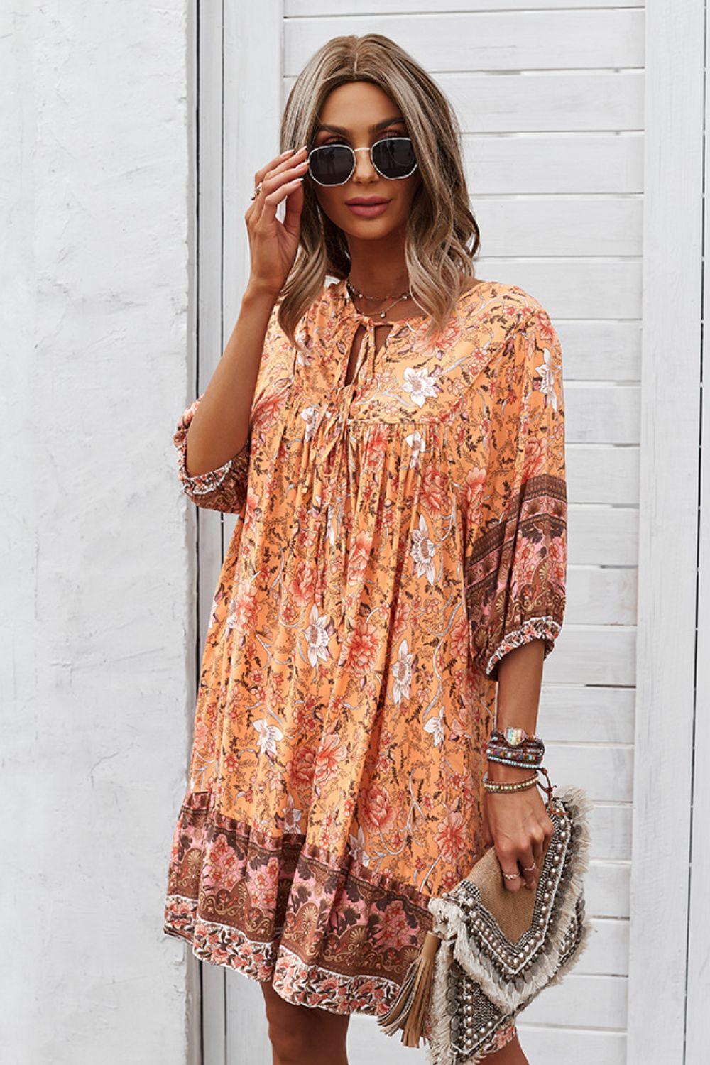 Bohemian Floral Tie Neck 3/4 Sleeve Short Tiered Dress - Dresses