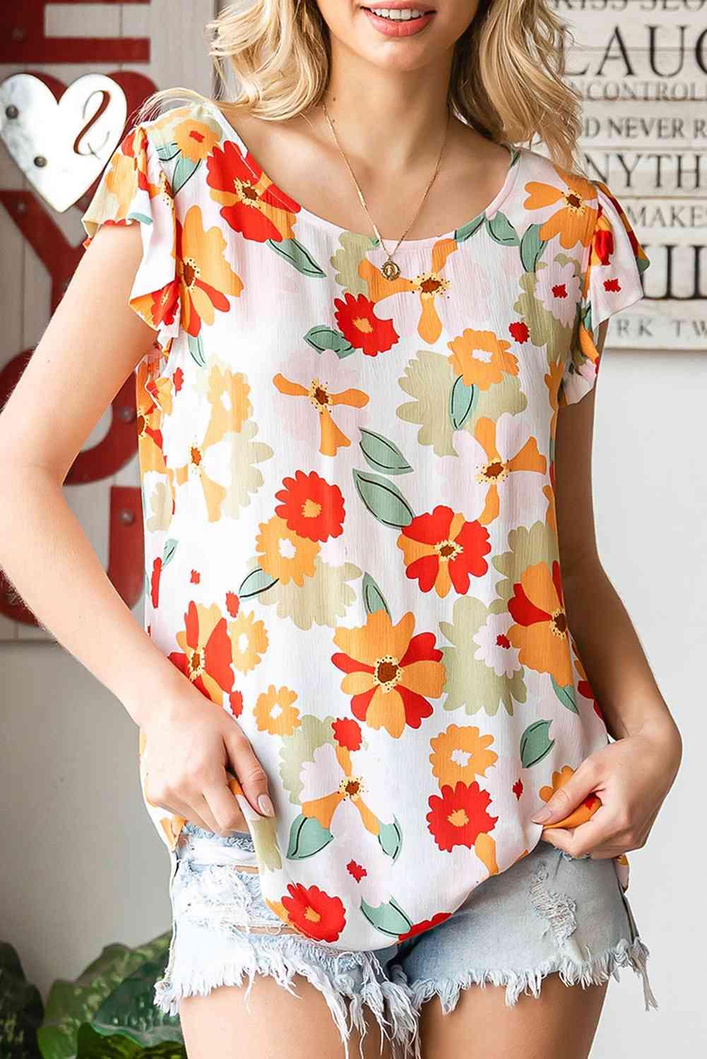 Floral Flutter Sleeve Round Neck Top - Top