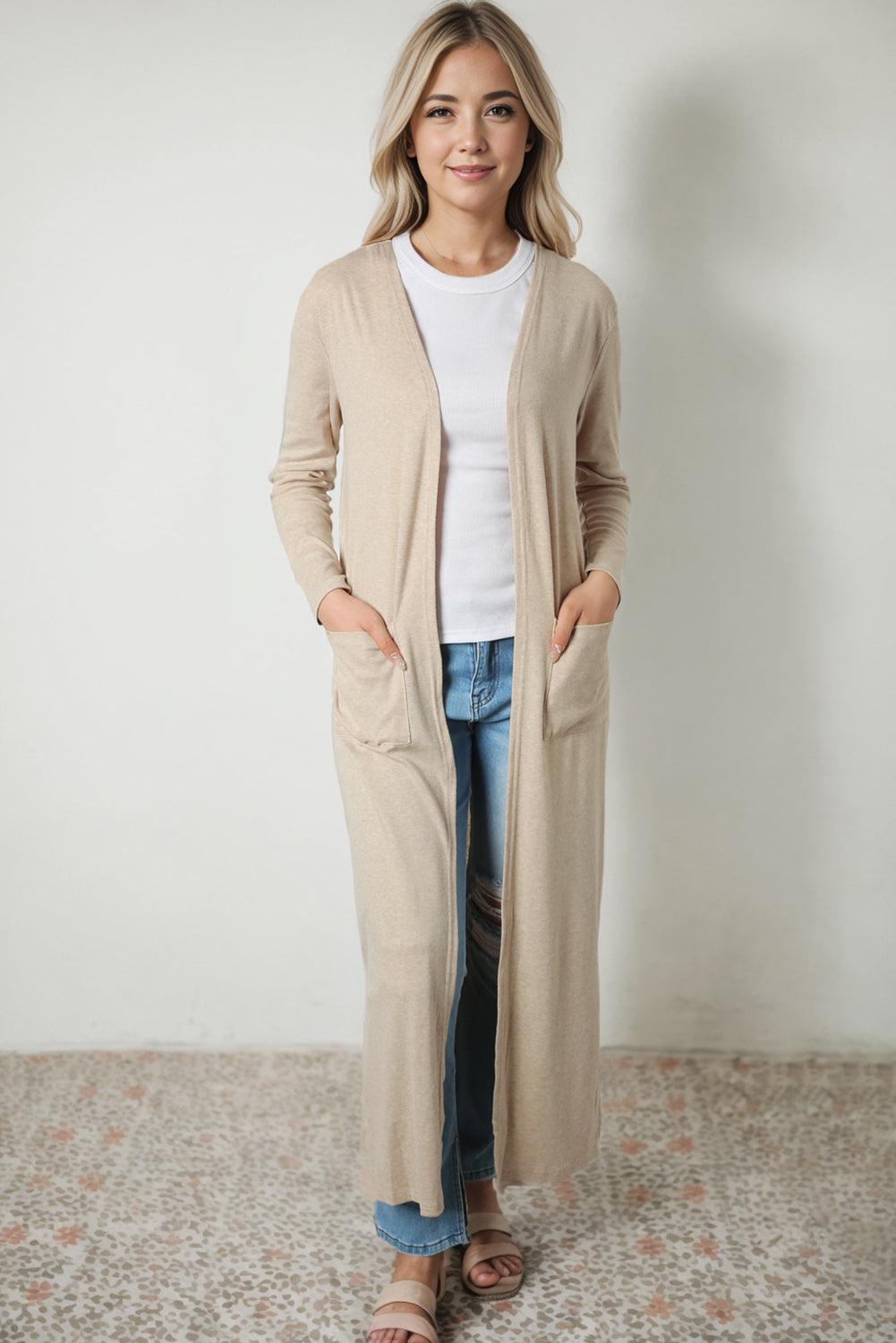 Longline Slit Open Front Cardigan with Pocket - 