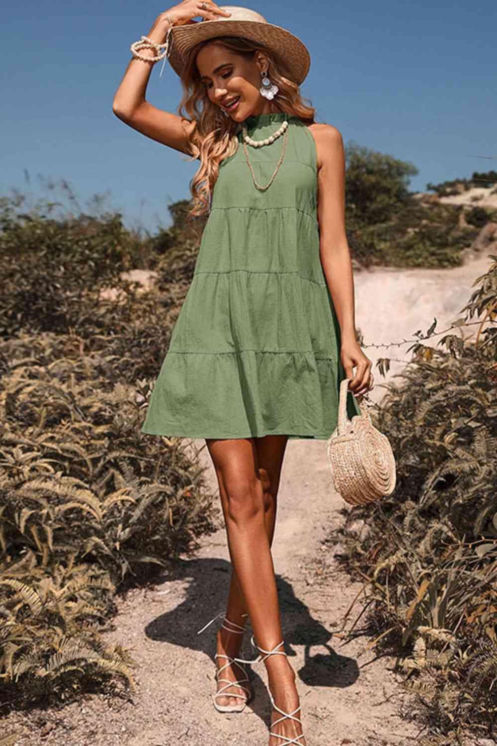 Tie Back Sleeveless Tiered Mini Dress - Dresses