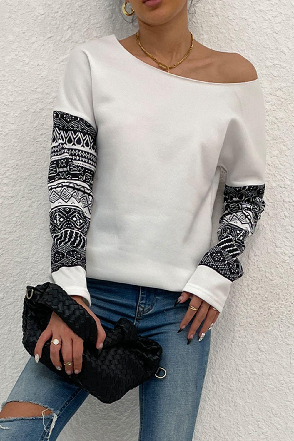 Boat Neck Long Printed Sleeve Top - Top