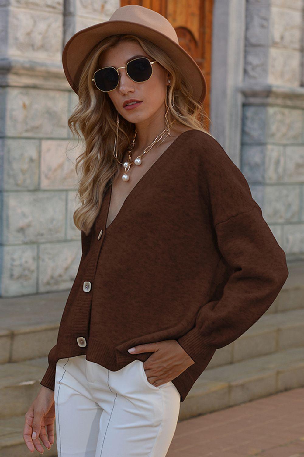 V-Neck Button-Down Dropped Shoulder Cardigan - Cardigan