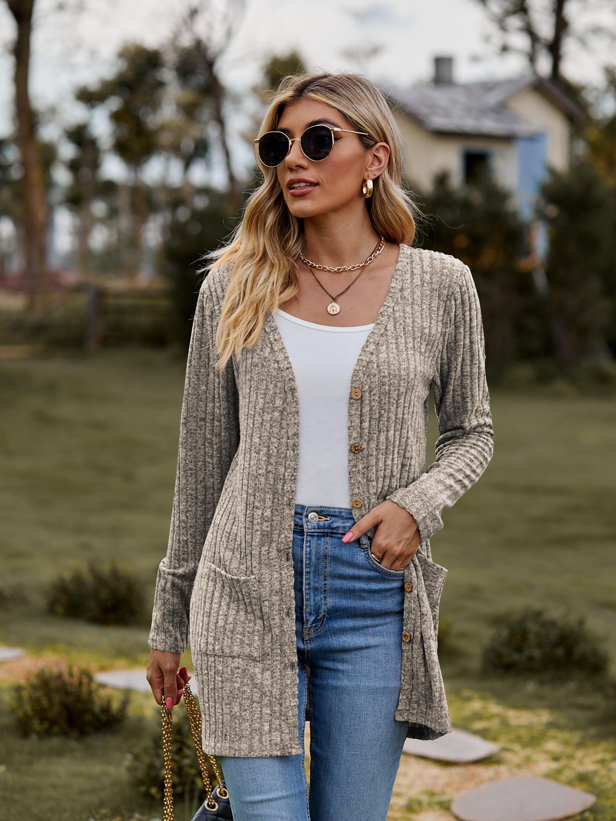 Ribbed Button-UP Cardigan with Pockets - Cardigan