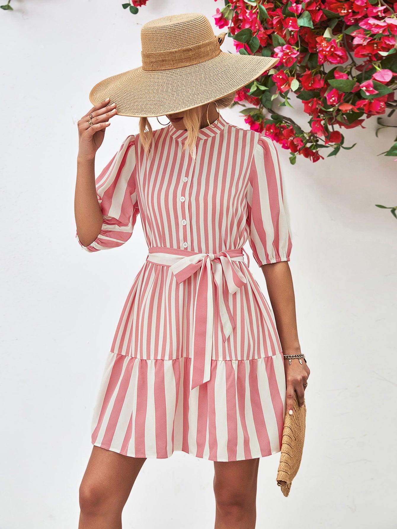 Striped Half Sleeve Tie Waist Mini Dress - Dresses