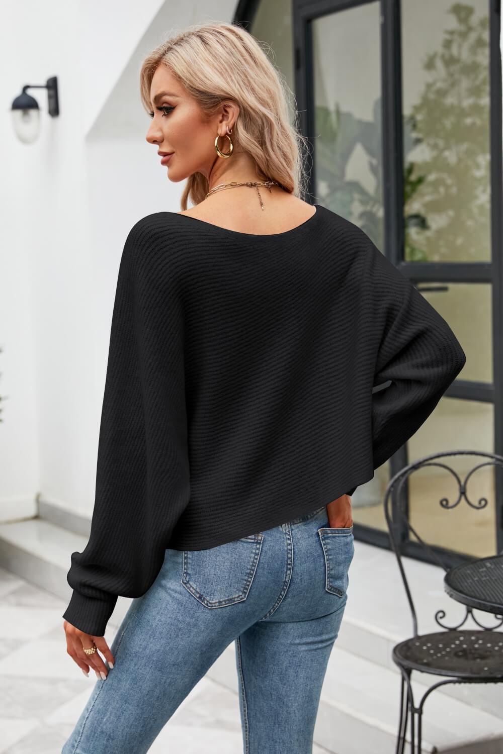 Boat Neck Horizontal Ribbing Dolman Sleeve Sweater - Sweater