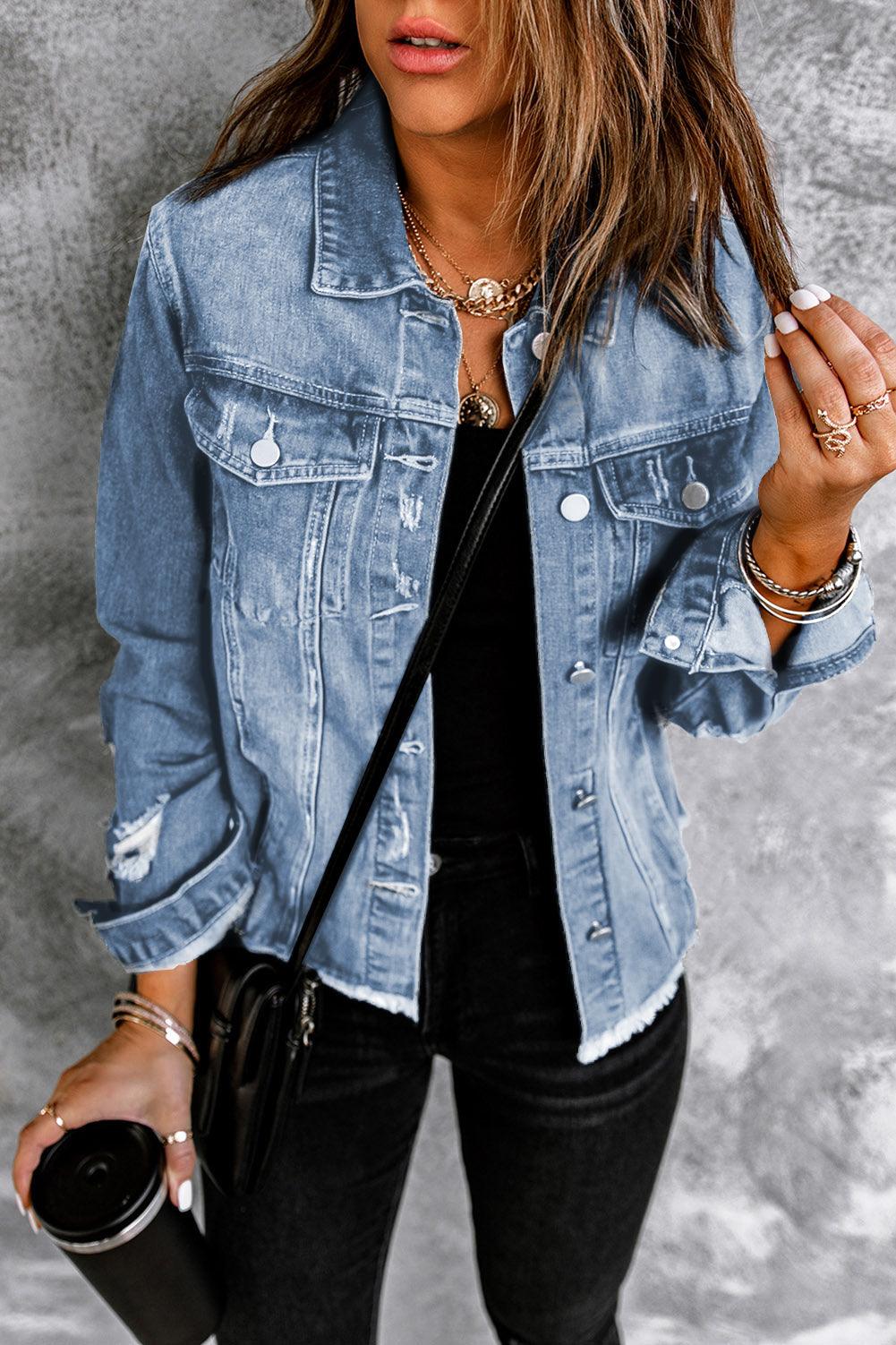 Distressed Raw Hem Denim Jacket - Jacket