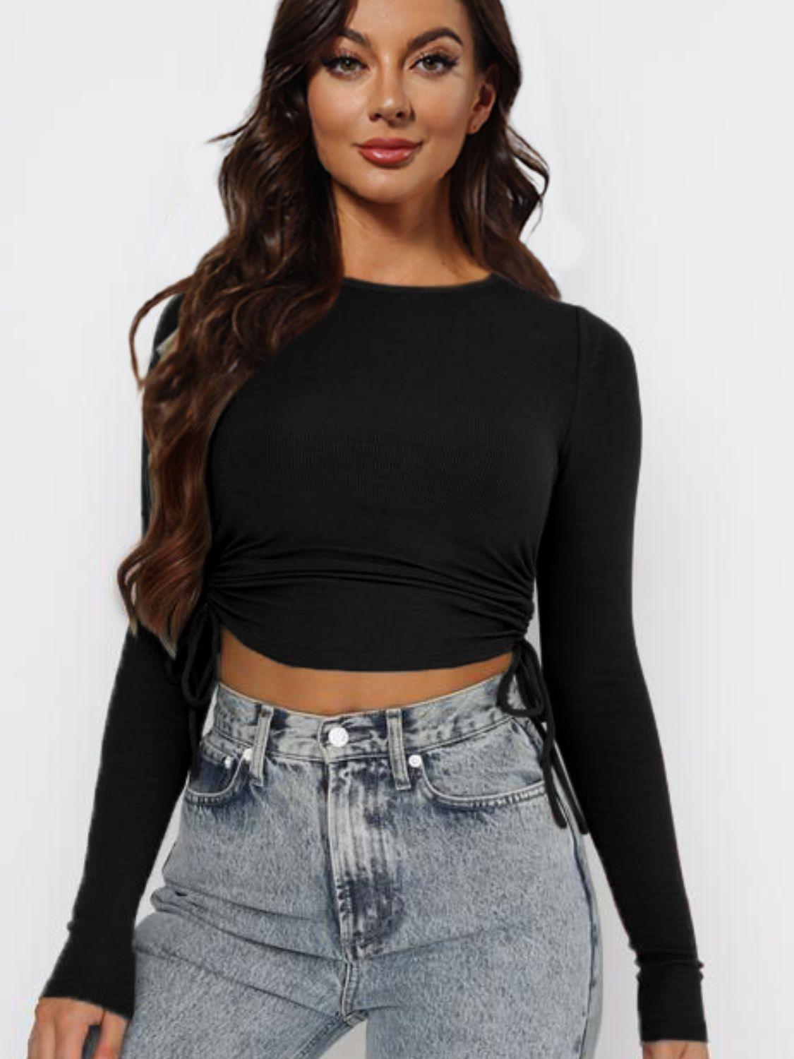 Cropped Drawstring Round Neck Long Sleeve Top - Top