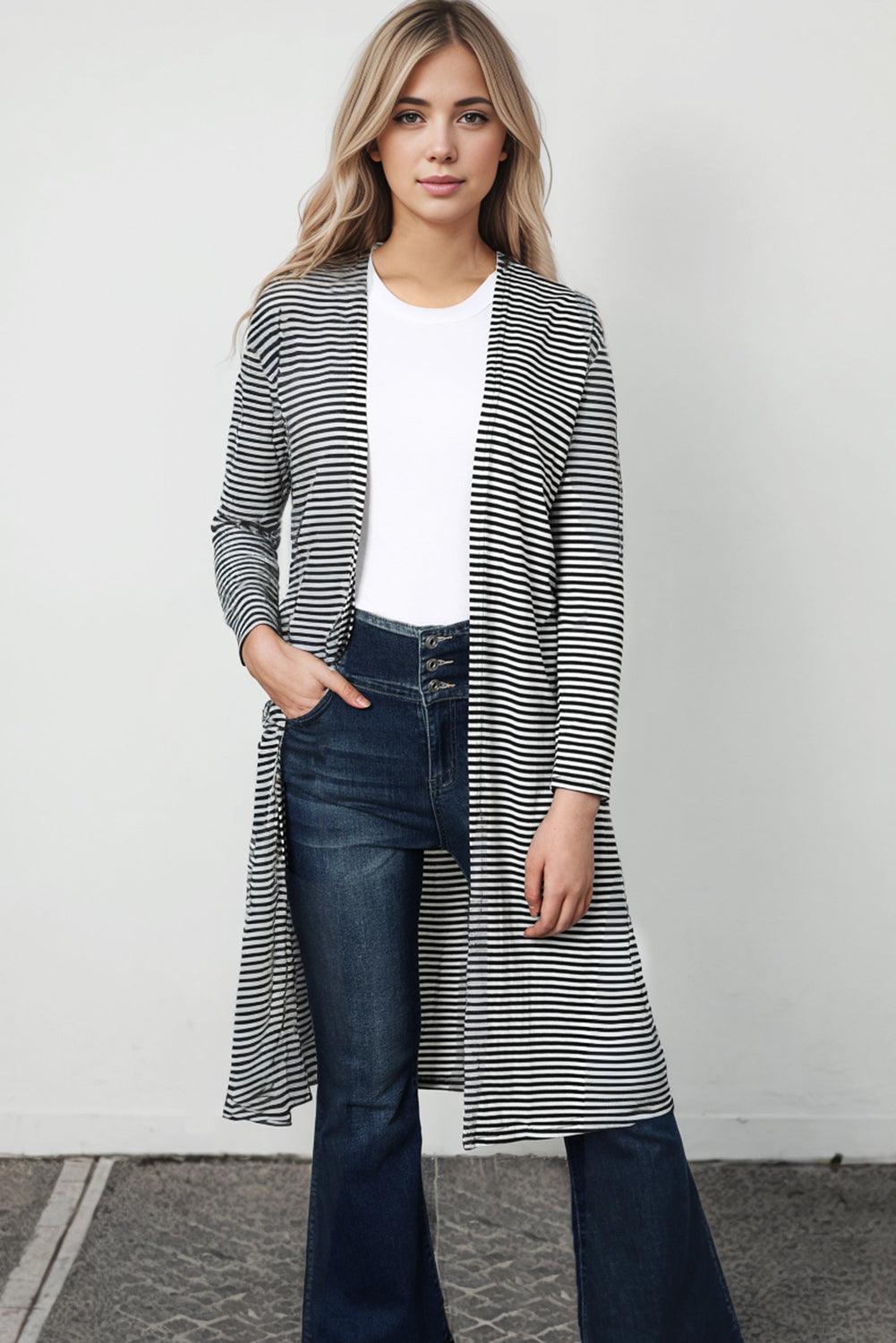 Striped Long Sleeve Open Front Cardigan - Cardigan