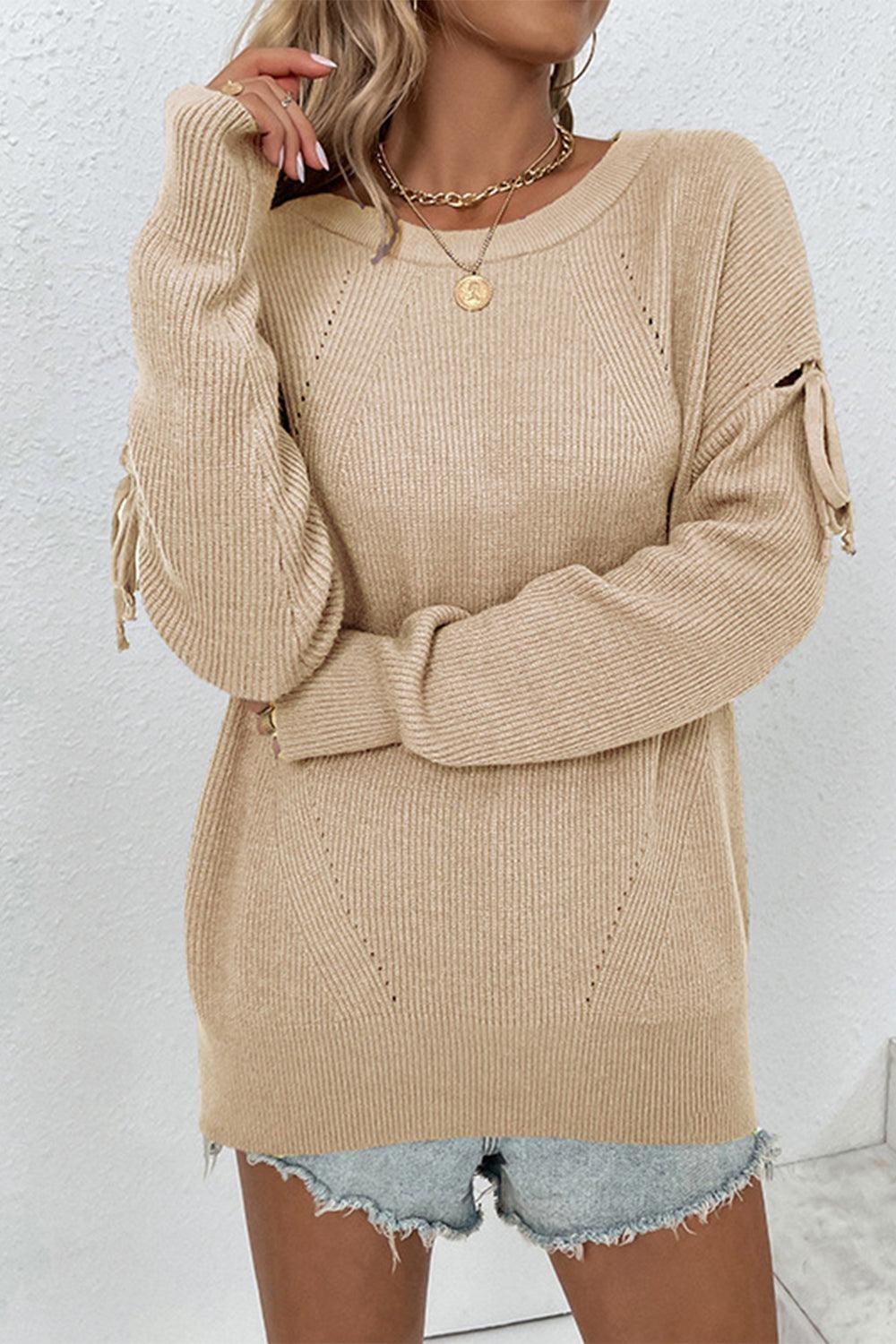 Round Neck Tied Sleeves Ribbed Sweater - Sweater