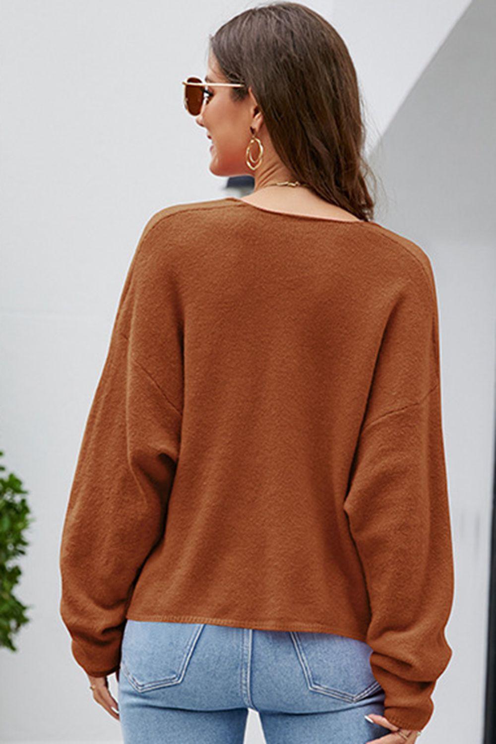 V-Neck Center Seam Drop Shoulder Sweater - Sweater