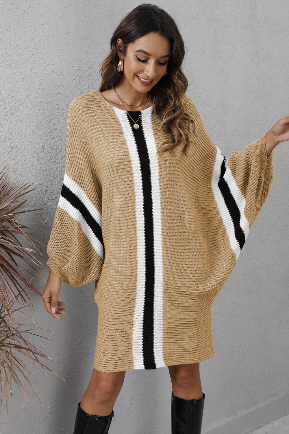 Ribbed Round Neck Long Sleeve Sweater Dress - Dresses