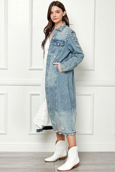 Veveret Distressed Pearl Detail Denim Jacket - Jacket