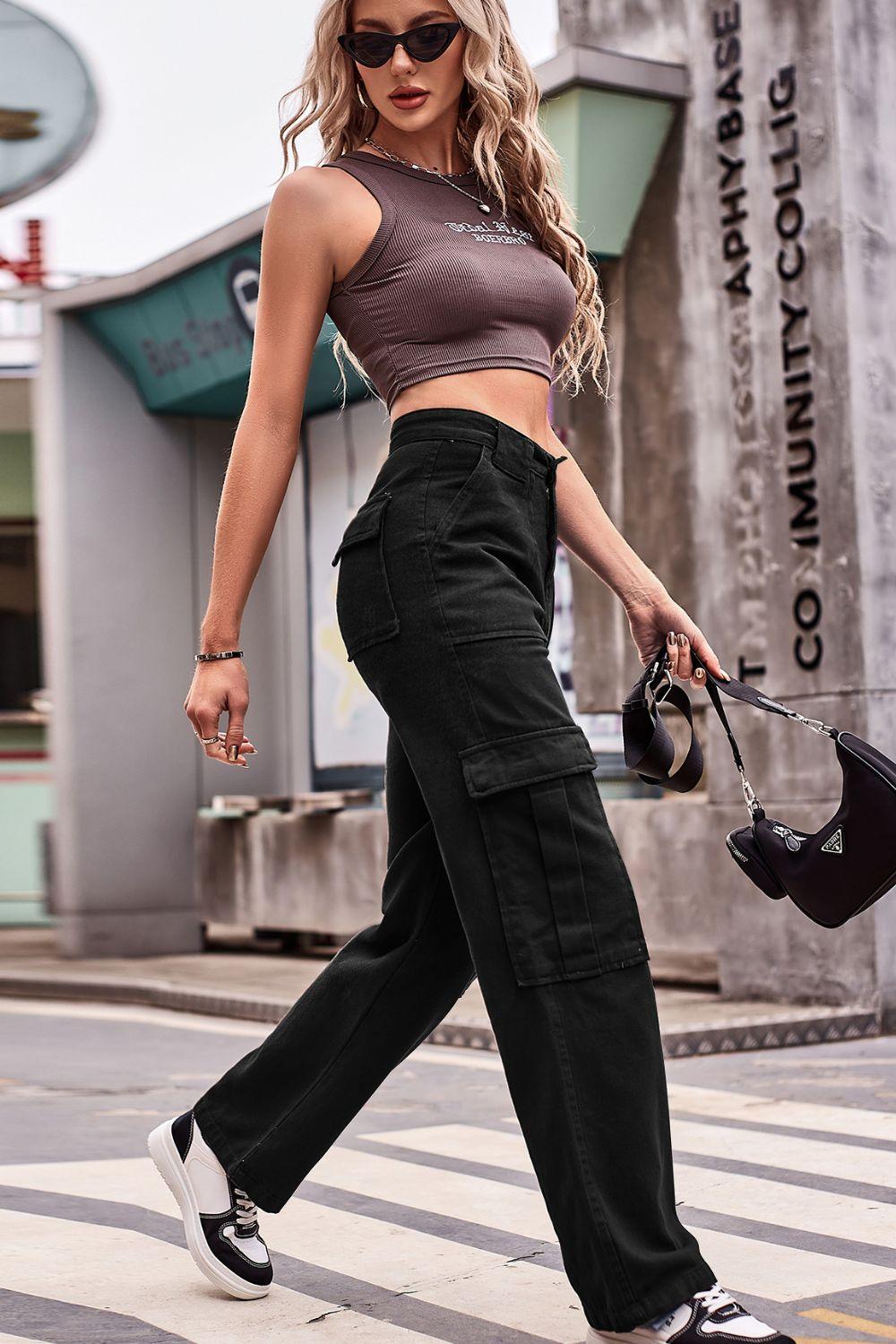 High Waist Loose Fit Straight Leg Cargo Jeans - Jeans