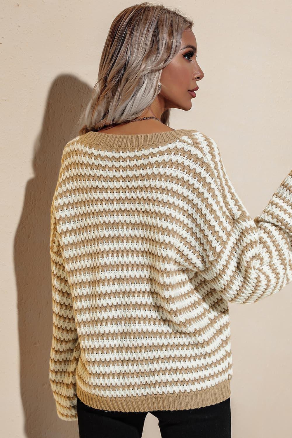 Striped V-Neck Dropped Shoulder Sweater - Sweater